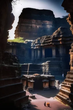 ellora caves situated on top of mountain surrounded by emptiness, which showing surprise with tress monuments and artistry in the place .Moon rays hardly reaching the cave which makes place scary to visit . People running across bravely entering the cave. Ruins in the back ground makes the place scary