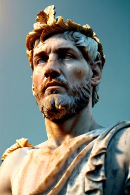 Realistic image, Roman sculpture made in marble with gold veins, Lionel messi, gold laurel leaves crown, waist up portrait,marble material, gold ornaments, Renaissance style, sun rays background, epic, celestial, cinematic lighting, God lights, 4k resolution, smooth details, soft lighting, unreal engine 5, art station, substance 3d.