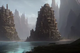 fantasy steampunk cliff palace river seven towers