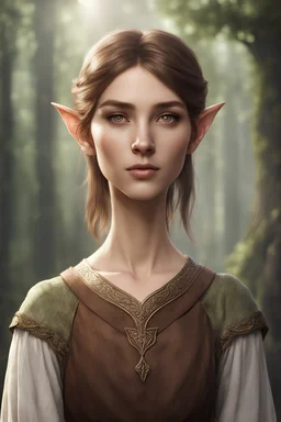 young elven woman with an ordinary face, short brown hair and brown eyes, wearing simple commoner dress