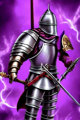 medieval Knight, violet color, high detail, sorcery, sparks, mechanical, plasma, treasure, weapons, slithery, legendary, castle, dragon, confident, proud, danger