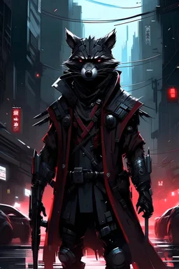 a cyberpunk racoon wizard standing in a city street, black armour, with red highlights, grey cyberpunk city background