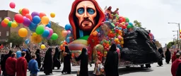 200 ft tall floating cartoonish jesus parade balloon pulled by multiple grim reapers, multi colored, bright, vivid, psychedelic, high detailed, high gloss, insanely detailed, matte, horrorcore, lining the street, unsettling contrast, monument to death, live action shot grim reaper parade, pulling a jesus parade float