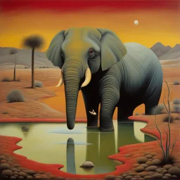 by Desmond Morris, weird grim desert wonderland, surreal elephant drinking from a red pond, matte oil painting, dark colors