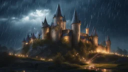 Medieval castle, fantasy, night, rain, glare, sparkles, clear lines, detail, fine rendering, high resolution, 4K, photorealism, precise focus,