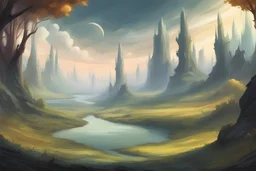 Fantasy Concept Art: majestic fantasy landscape, great forests, cartoonish art style, one big mointain parabola