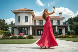 full body close up shot ,country side modern villa wide yard in front of villa ,a beautiful lady in nice long dress dancing,flowers blue sky ,petty flophy clouds ,looking at camera