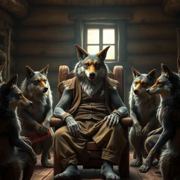 a very old anthropomorphic wolf in a brown vest with a lightning logo visible,old pants sitting on wooden schair surrounded by younger and older anthropomorphic wolves sitting on eart or stand around in villager cloths. the very old anthropomorphic wolf talks. Everybody gaze him. in the background big wooden room with little window, natural light. The characters exhibit a variety of expressions, realistic, high detailed, cinematic