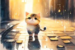 cute happy chibi cat standing on a wet cobblestone road in sunshine, watercolor and black in outlines, golden glitter, ethereal, cinematic postprocessing, bokeh, dof