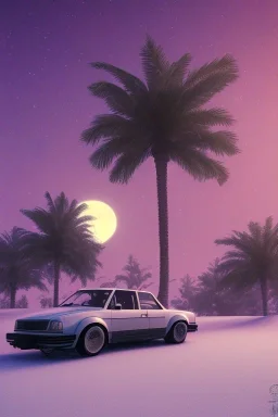 1980's aesthetic vaporwave palm trees with lighting with moon with audi in the winter snow