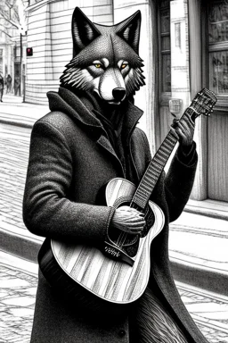 One single mature wolf, worn out clothes, playing guitar in the street , Vienna, mourning, model style, hyper realistic, extremely accurate, delicate, extremely detailed, Graphic novel style, wide-angle, open aperture, superfine pencil