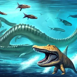 beautiful, stunning paleoart of mosasaurus attacking underwater prey, swimming underwater with coral reefs, plants, wide-angle lens, in the style of eleanor kish, davide bonadonna, julius csotony, fabio pastor, Jurassic Park photorealistic, illustrative, digital art, 8k resolution, detailed matte, painting, artwork, masterpiece