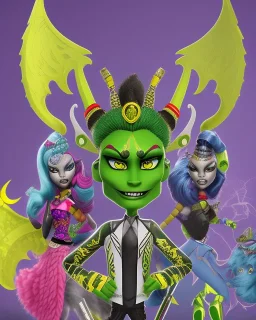 Character from Monster High, male, cannibal, body color is dark, eye color is yellow, sportswear, illustration, cartoon style