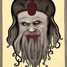 Vampire with yellow eyes with Cthulhu tentacle beard grey skin and vampire fangs and vampire bat nose as a Russian Orthodox