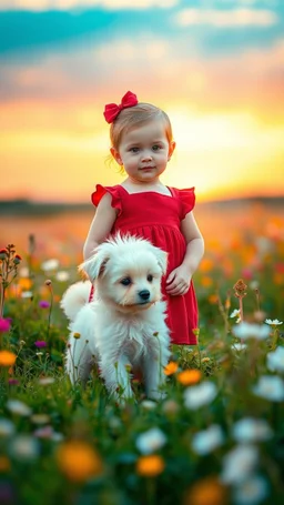 A baby girl with a red dress standing with a small fluffy white puppy in beautiful colorful meadow of wild flowers floral background, landscape with white or pink flowers with sunset and blurred background. Soft pastel Magical nature copy space evening not bright