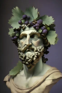 bust of an ancient Greek man with grapes, vine and oak leaves on his head