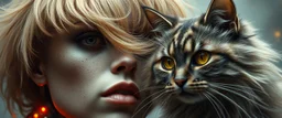 high class realism, dented skin, victorian era, cyber punk, A really close up portrait of one person individually mutated with hairy wigs glowing, and a long haired cat that just came out of a violent twister