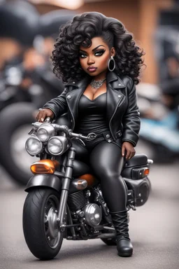 Create an airbrush image of a chibi curvy black female wearing a biker's coat and boots with black tights. Prominent make up with hazel eyes. She is sitting on a big Harley Davidson motorcycle at a bike show.