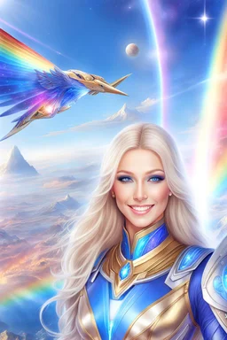 cosmic woman angels smile,admiral high commander from the future, one fine whole face, crystalline skin, expressive blue eyes,rainbow, smiling lips, very nice smile, costume rainbow pleiadian, Beautiful tall woman pleiadian Galactic commander, ship, perfect datailed golden galactic suit, high rank, long blond hair, hand whit five perfect detailed finger, amazing big blue eyes, smilling mouth, high drfinition lips, cosmic happiness, bright colors rainbow, blue, pink, gold, jewels, realist,8k