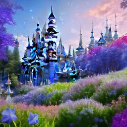 un grand château subtil en cristal violet bleu dans une ambiance galactique avec une belle fée, pétales transparents, couleurs délicates, bin le premier plan, plein de détails, ambiance lumineuse douce et douce, effet de lumière, vaporwave coloré, art conceptuel, lisse, extrêmement net, photo complète du corps, chef-d'œuvre, meilleure qualité, peau bleue, yeux étincelants, peau fluorescente, yeux bleus, maquillage étincelant, longs cheveux blonds, style féerique, corps très détai