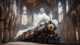 steampunk steam train inside a vast cathedral, award-winning colour photograph