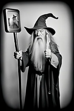 Gandalf with crowbar wand taking serie of BW photos inside photo booth.