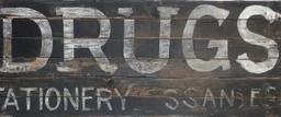 a hand painted sign on dark painted wood planks, first line says "DRUGS", second line (Smaller) says "STATIONERY T SANDERS", on a brown background