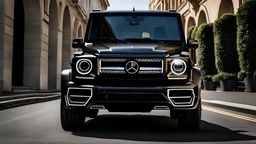 A (((G-Wagon Black))) featuring a luxurious interior, advanced technologies, and a sleek body kit designed by MANSORY, front cinematic view on road in morning, ((((desktop wallpaper))))