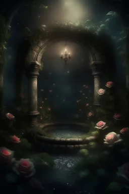 magical overgrown secret garden, roses, ivy, fountain, twilight, moon, stars dark tones, warm tones