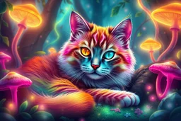 A rainbow-colored cat with golden and teal eyes resting in a magical forest, surrounded by glowing mushrooms, neon vines, and fragmented light. The background is dreamy and surreal. --v 7 --style raw --ar 4:5 --q 2