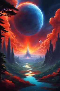 [spaceship, art of Studio Ghibli] The Stellaris nears the blue planet,Its red forests beckon with allure.The starship descends, flames ablaze,Through the celestial descent it endures.Stepping onto the crimson soil,The crew is awestruck by the vista.Towering trees, aglow with inner light,Creatures dart amidst the surreal landscape.