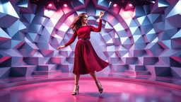 a pretty stage made of metallic blue-gray teme 3d recursive geometric structures and a beautiful fashion model lady dancing with joy and cute ,with dark red top and pretty pleated midi skirt ,makeup curvy long hair,dynamic camera zoom to full body and pan, dynamic lights.