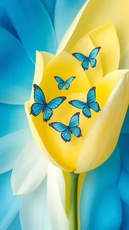 Yellow, White and blue butterflies ,The background should be composed of blue petals that gradually transition to a creamy butter-colored center, with the petal tips delicately tinted in a noble, pale blue. The transitions between colors should be seamless and smooth, with no sharp edges, giving the petals an ethereal, veil-like, silky appearance. Focus on capturing the soft texture and gentle flow of the tulip petals, creating a dreamy and elega