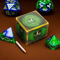 6 sided dice with runes on table with green cloth, fantasy book art