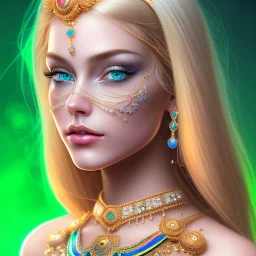 portrait in oil of busty beautiful longhair blonde woman,wearing emerald necklace, purpurin, skintight latex dress, gradient color, BLUE, PINK, CYAN, neon, insanely detailed, 16k resolution, perfect BIG Green eyes, cinematic smooth, intricate detail, in the style of Kaare Andrews