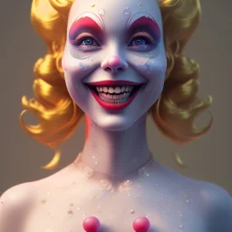 Ultra detailed very beautiful smileing cute clown girl,beautiful real skin, red nose, shallow of dept 3d, symmetrical, ultra detailed curl hair, ambient lighting, ultra detailed face, concept art, circus,party, digital painting, octane render,quixel megascans, depth of field (or dof) art by artstation