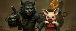 bad hairy chest wolf kobold carrying a lovely scared wtf are you up to, chinese pig girl with dress under his arms, big cauldron in the background in the style of escher and fallout 4
