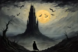 Sir Crow to the Dark Tower came, style Caspar David Friedrich