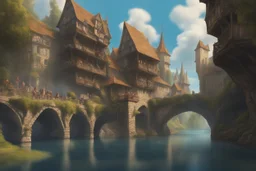 medieval buildings with balconies overhanging lake edge with blue sky and people, photorealism, fantastical, intricate detail, splash screen, concept art