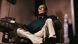 ، يظهر رجل جالس على كرسي في غرفة مظلمة. وجهه غير واضح، لكن يمكن رؤية عينيه مغمضتين. الرجل يرتدي ملابس سوداء،