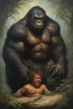 Bilbo Baggins, and Tarzan, an extremely ugly abomination of the Ratman bat werewolf gorilla monster barbarian sad sack - oil painting by Boris Vallejo