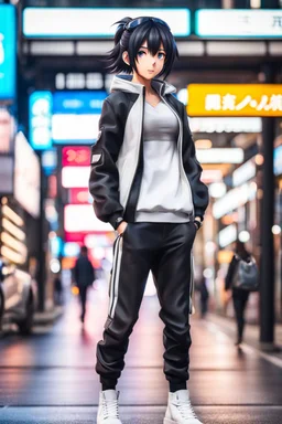 a full body anime driving byke in modern city street