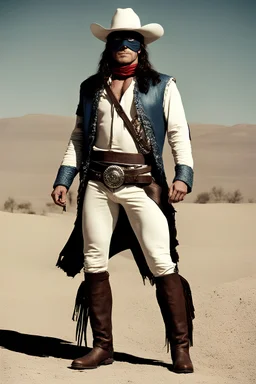 standing outer space with his hands on his hips looking intently out into space, extremely muscular, long haired, John Reid, The Lone Ranger, wearing a light-colored cowboy hat | a dark bandit's eye mask | a skintight, formfitting long-sleeved, blue, cotton bodysuit with a collar | a crimson-colored neck bandana | dark leather fringed moccasin cowboy boots | a dark pistol belt with two colt .45 six shooters | a beautiful silver stallion roaming around in the background,