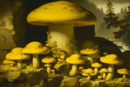 A tannish yellow burg with glowing mushrooms painted by Michelangelo di Lodovico Buonarroti Simoni