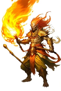 Air genasi from dnd with ashesen skin and asian flowing hair on head holding a Flaming spear in Monk attire with Fire giant symbolism