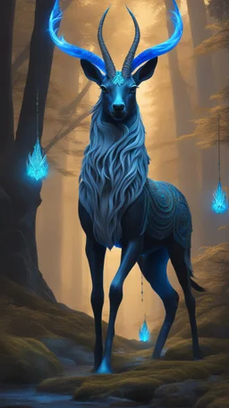 Dark forest, fantasy forest, gazelle with blue neon Crystal horns , intricate details, highly detailed, dreamshaper finetuned model with dynamic art style witg