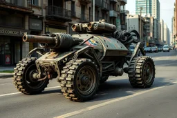 A scorpion-like, dobotic, battle-ready, worn-out tank car with large rims and tires, fully mechanical, on a street in post-apocalyptic cities.