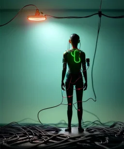 Ultra realistic photographic night portrait, cinematic, <Asian woman> <hanging wires> <retro monitor> many wires coming out of the head <perfect pupil> <cyborg arm> <garage> <wide angle Shot> <sci-fi futuristic> <thriller>, neon lights, color fog, soft color, highly detailed, unreal engine 5, ray tracing, RTX, lumen lighting, ultra detail, volumetric lighting, high definition.