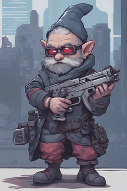 video game character, cyberpunk gnome, with a gattling gun