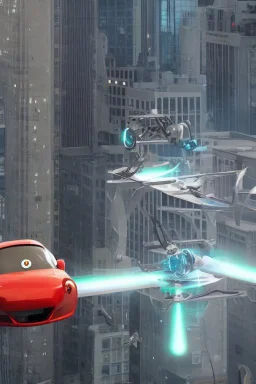 A flying car being drived by a robot between buildings in future city.